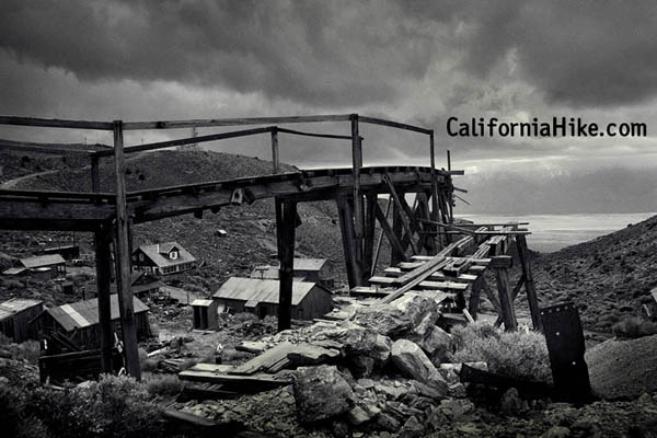 Cerro Gordo - the American Hotel is framed by mining ruins near the center of this photo.